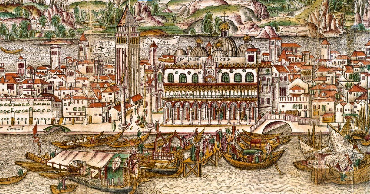 Le quai des Esclavons à Venise au XVe siècle. Détail de la Vue de Venise d'Erhard Reuwich, réalisé en 1486 pour illustrer le Peregrinatio in Terram Sanctam de Bernhard von Breydenbach.