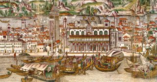 Le quai des Esclavons à Venise au XVe siècle. Détail de la Vue de Venise d'Erhard Reuwich, réalisé en 1486 pour illustrer le Peregrinatio in Terram Sanctam de Bernhard von Breydenbach.